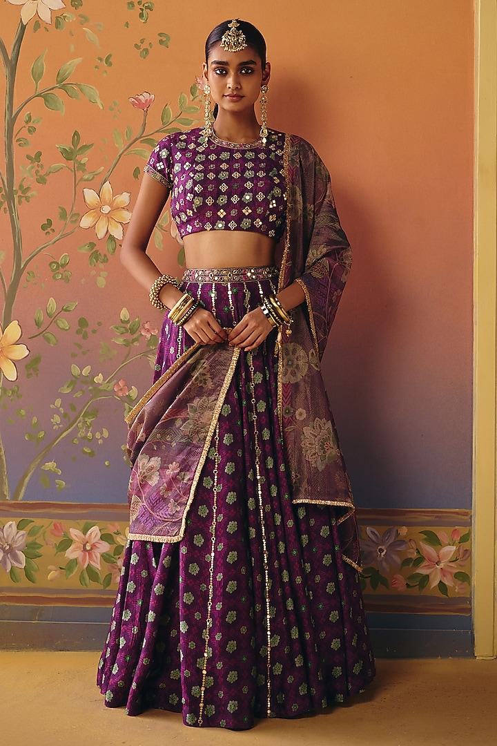 Purple Dupion Silk & Tissue Kalidar Wedding Lehenga Set by Drishti & Zahabia at Pernia's Pop Up Shop