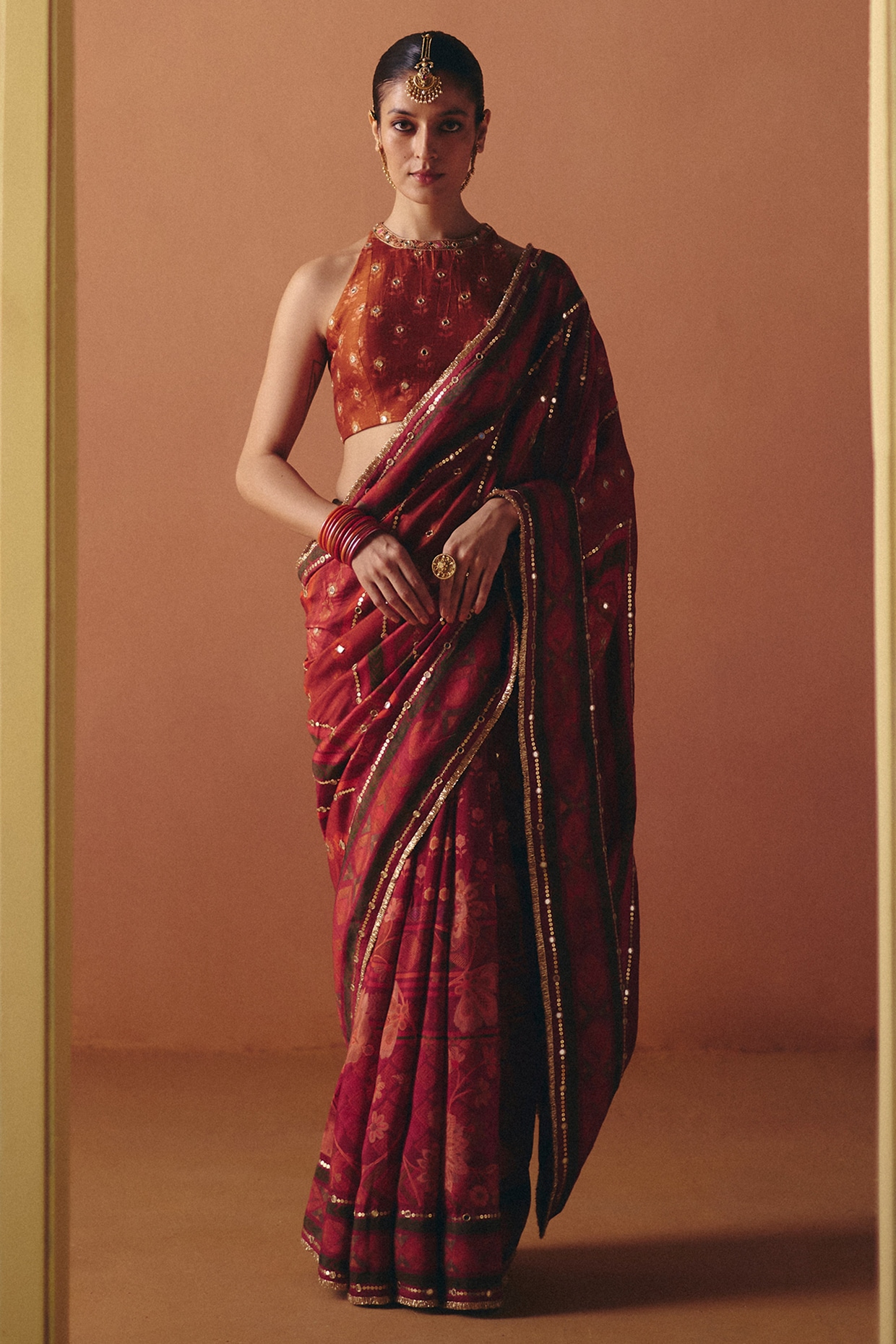 Drishti & Zahabia Rust Dupion Silk Printed & Hand Embroidered Saree Set