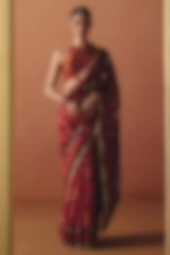 Rust Dupion Silk Printed & Hand Embroidered Wedding Saree Set by Drishti & Zahabia at Pernia's Pop Up Shop