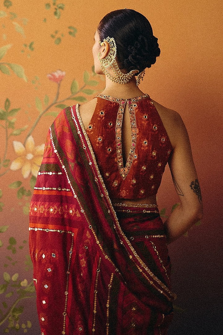 Rust Dupion Silk Printed & Hand Embroidered Wedding Saree Set by Drishti & Zahabia at Pernia's Pop Up Shop