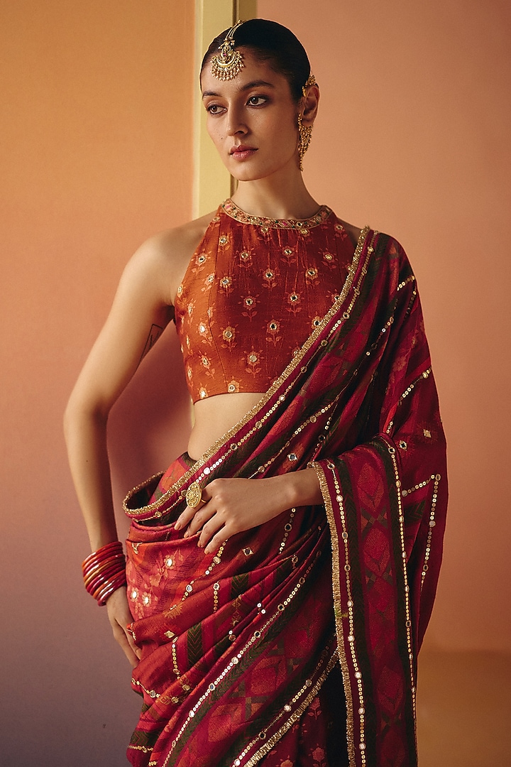 Rust Dupion Silk Printed & Hand Embroidered Wedding Saree Set by Drishti & Zahabia at Pernia's Pop Up Shop