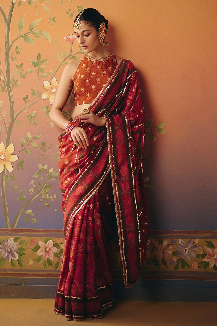 Rust Dupion Silk Printed & Hand Embroidered Wedding Saree Set by Drishti & Zahabia at Pernia's Pop Up Shop