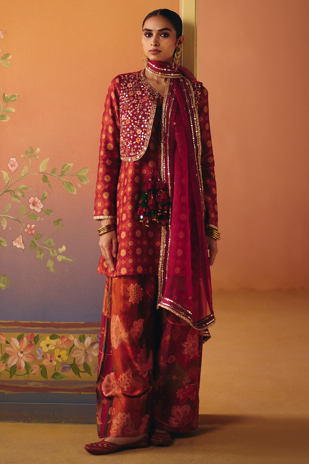 Drishti & Zahabia Rust Dupion Silk Printed Short Kurta Set