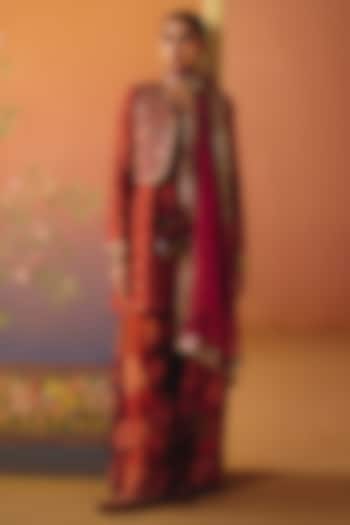 Rust Dupion Silk Printed Short Kurta Set by Drishti & Zahabia at Pernia's Pop Up Shop