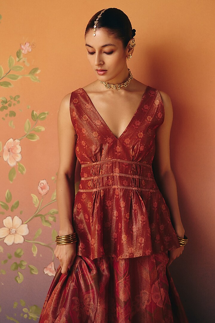 Rust Shimmer Tissue Skirt Set by Drishti & Zahabia at Pernia's Pop Up Shop