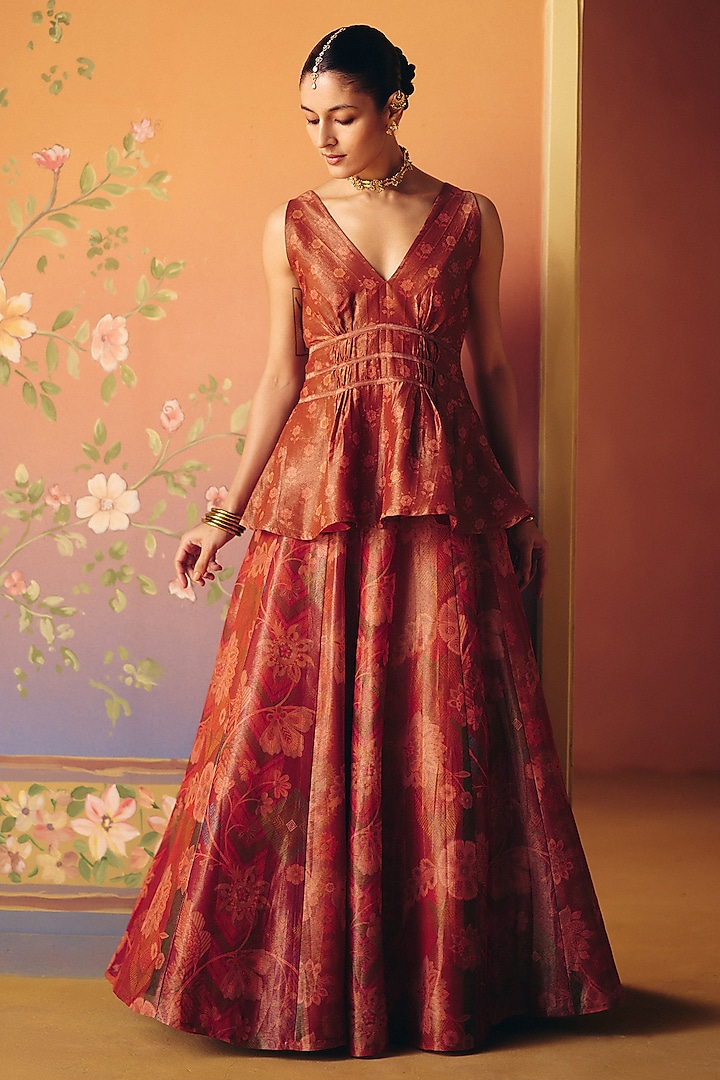 Rust Shimmer Tissue Skirt Set by Drishti & Zahabia at Pernia's Pop Up Shop