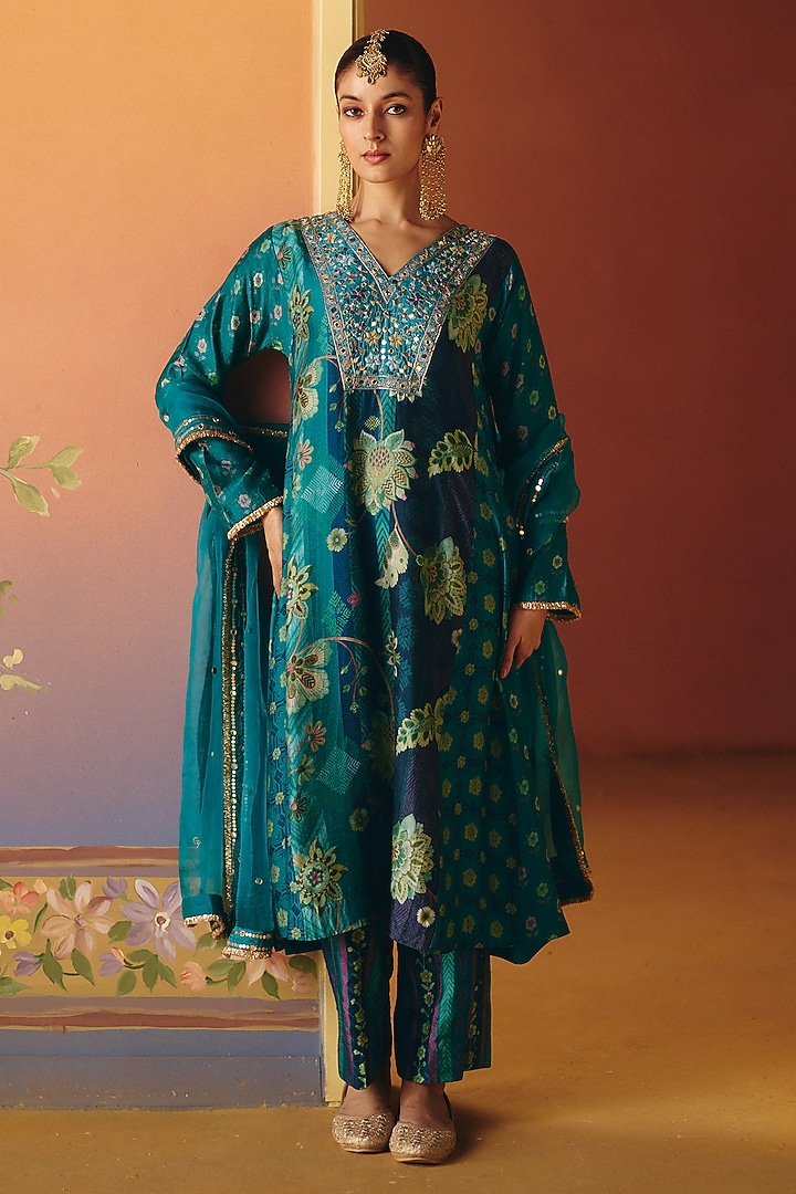 Blue Dupion Silk Printed Kalidar Kurta Set by Drishti & Zahabia at Pernia's Pop Up Shop