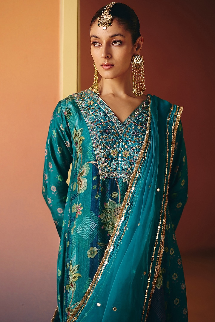 Blue Dupion Silk Printed Kalidar Kurta Set by Drishti & Zahabia at Pernia's Pop Up Shop