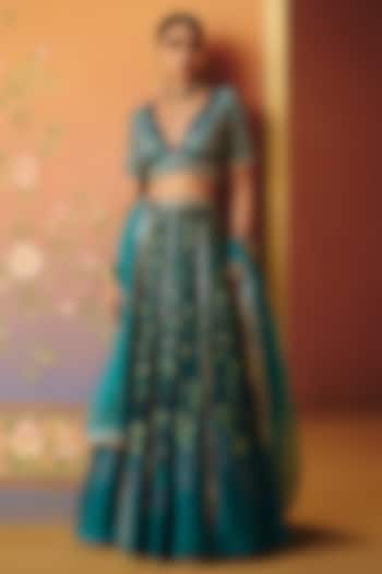 Blue Dupion Silk Hand Embroidered Kalidar Wedding Lehenga Set by Drishti & Zahabia at Pernia's Pop Up Shop