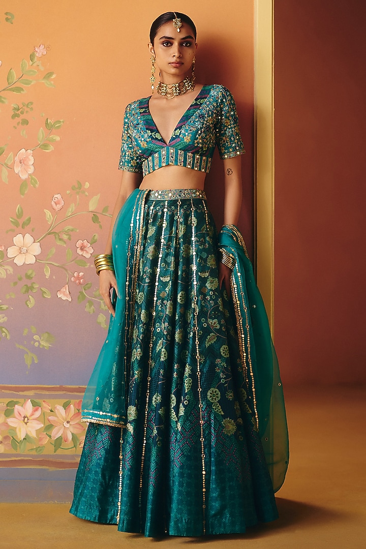 Blue Dupion Silk Hand Embroidered Kalidar Wedding Lehenga Set by Drishti & Zahabia at Pernia's Pop Up Shop