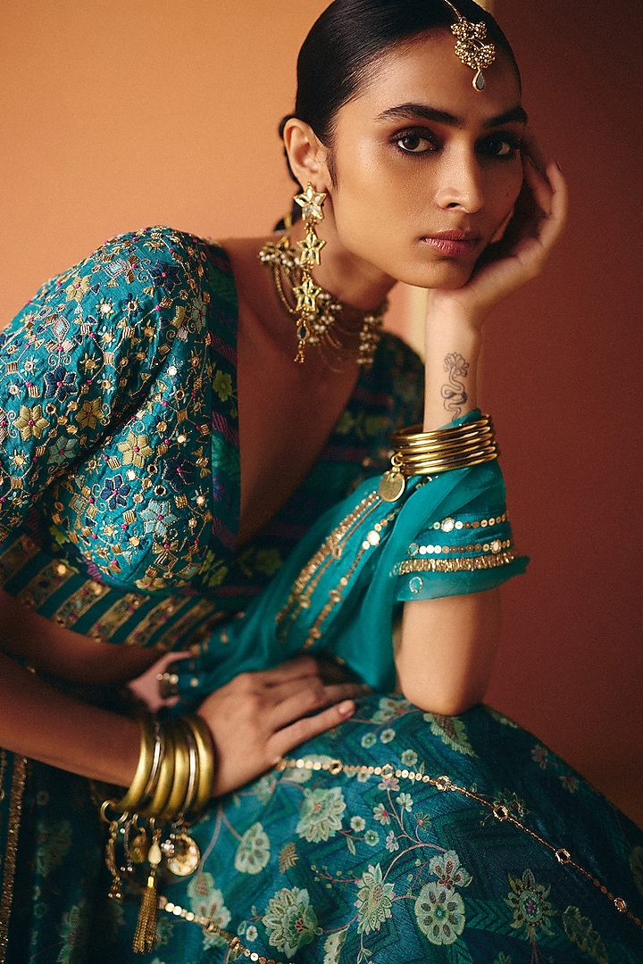 Blue Dupion Silk Hand Embroidered Kalidar Wedding Lehenga Set by Drishti & Zahabia at Pernia's Pop Up Shop