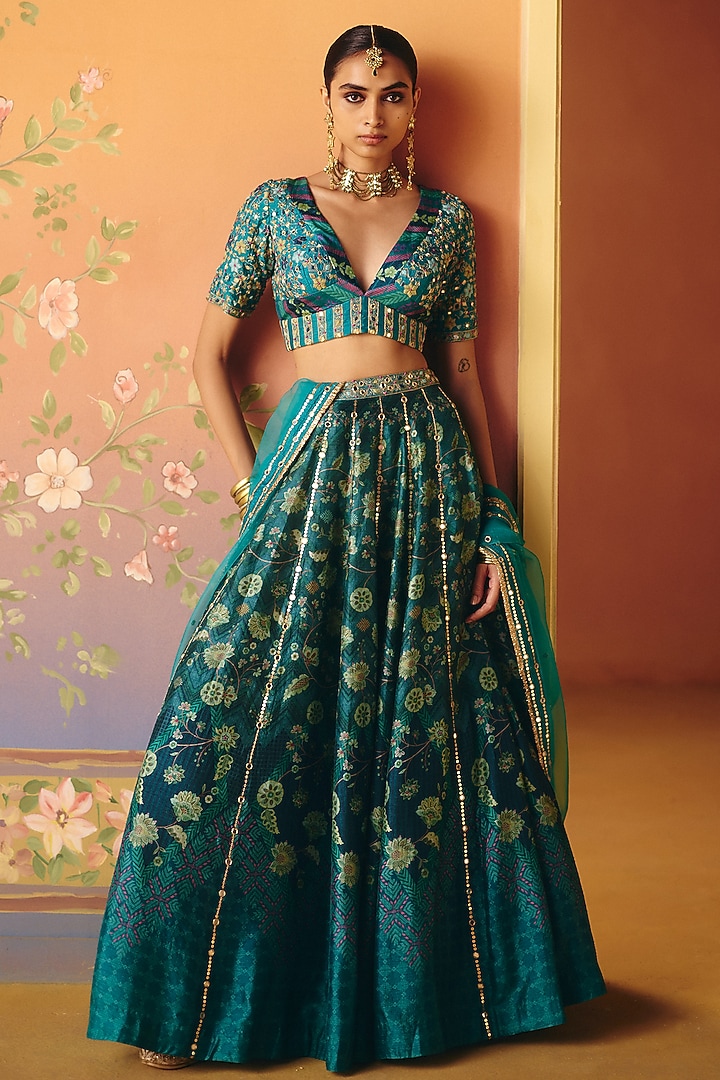 Blue Dupion Silk Hand Embroidered Kalidar Wedding Lehenga Set by Drishti & Zahabia at Pernia's Pop Up Shop