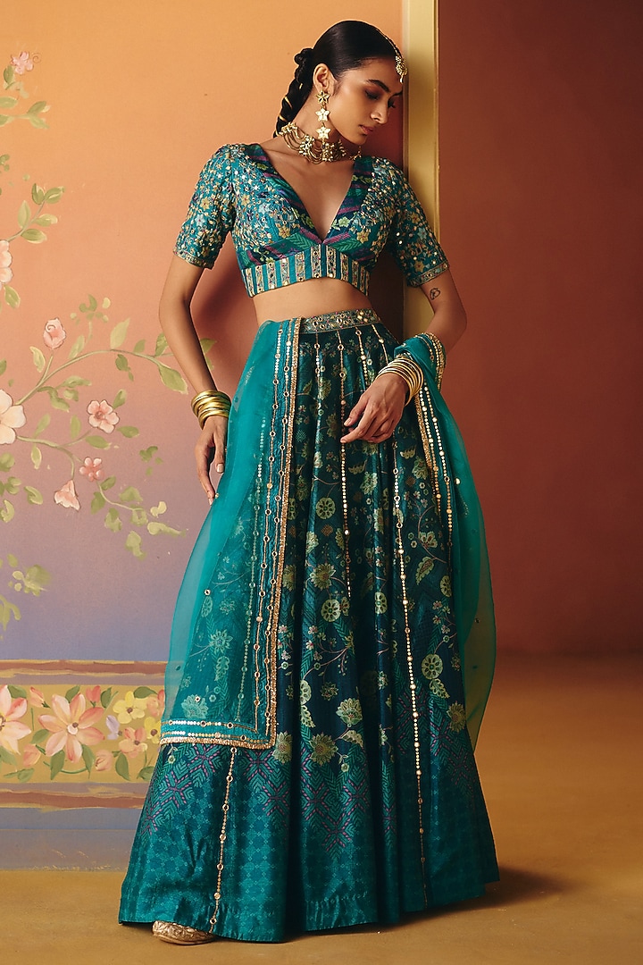 Blue Dupion Silk Hand Embroidered Kalidar Wedding Lehenga Set by Drishti & Zahabia at Pernia's Pop Up Shop