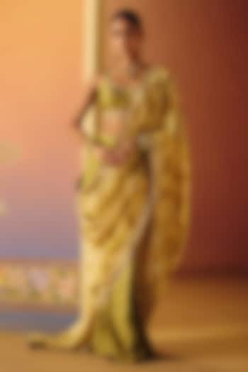 Ivory Dupion Silk Hand Embroidered Pre-Stitched Wedding Saree Set by Drishti & Zahabia at Pernia's Pop Up Shop