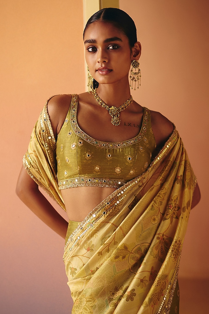 Ivory Dupion Silk Hand Embroidered Pre-Stitched Wedding Saree Set by Drishti & Zahabia at Pernia's Pop Up Shop