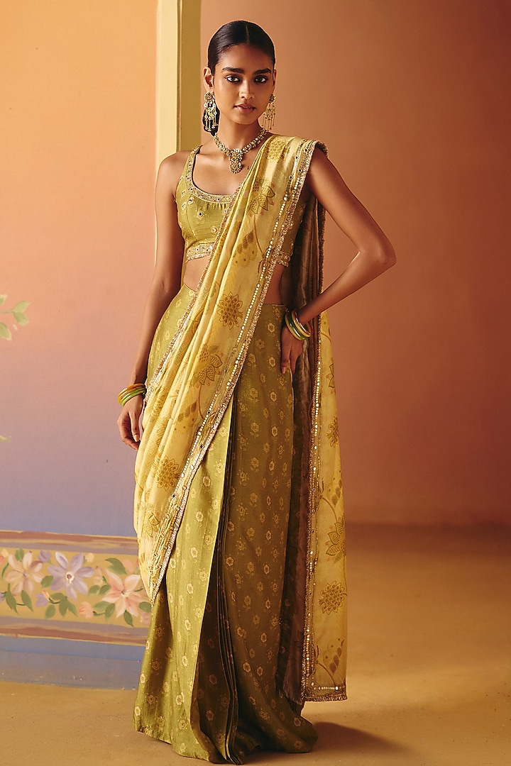 Ivory Dupion Silk Hand Embroidered Pre-Stitched Wedding Saree Set by Drishti & Zahabia at Pernia's Pop Up Shop