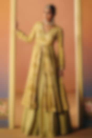 Ivory Dupion Silk Printed Pleated Skirt Set by Drishti & Zahabia at Pernia's Pop Up Shop