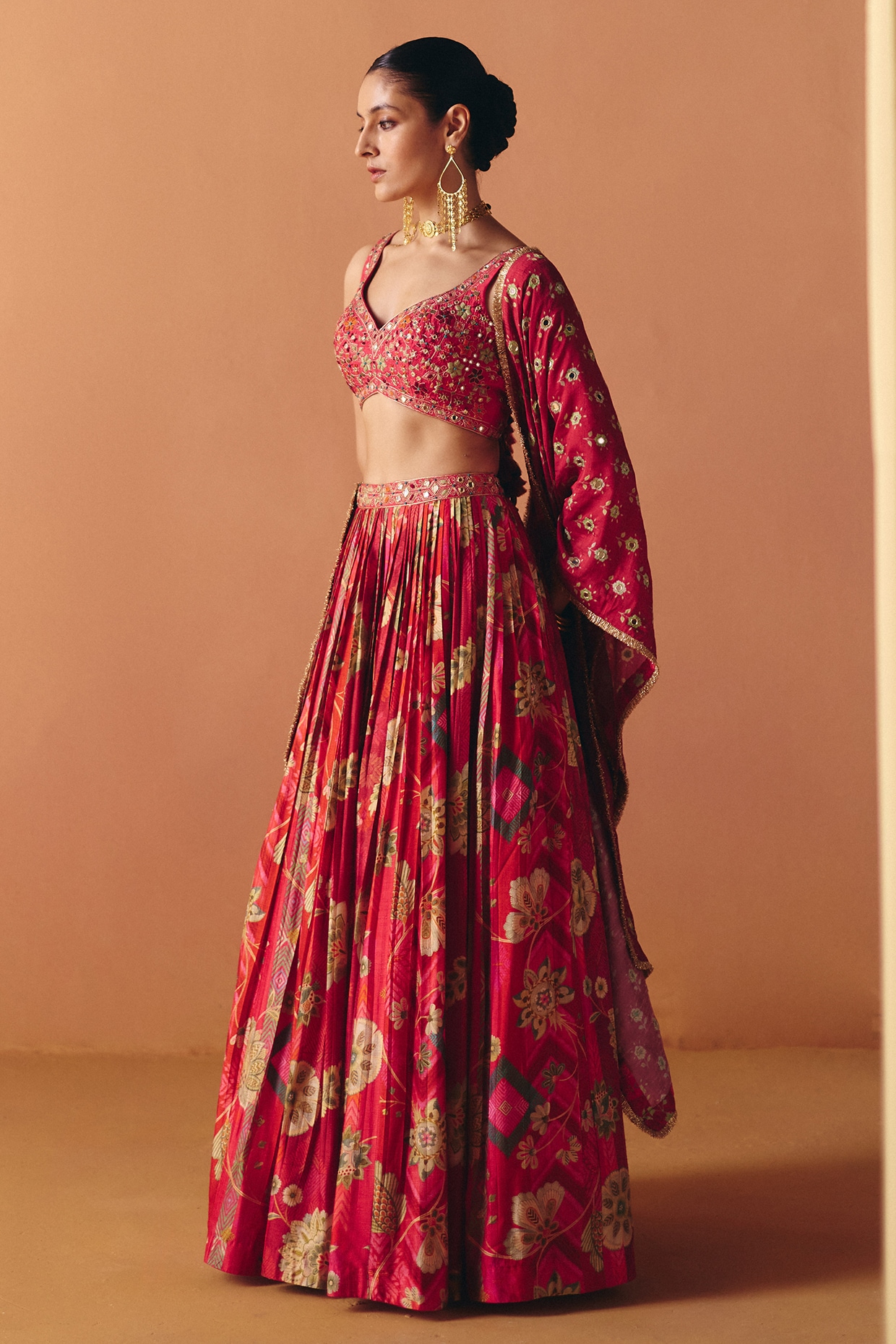 Drishti & Zahabia Pink Dupion Silk Hand Embroidered Pleated Lehenga Set