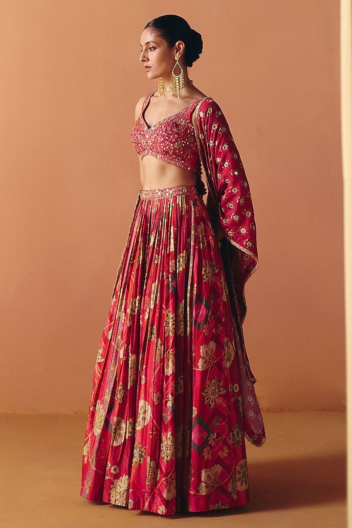 Pink Dupion Silk Hand Embroidered Pleated Wedding Lehenga Set by Drishti & Zahabia at Pernia's Pop Up Shop