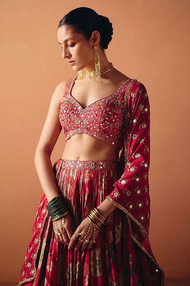 Pink Dupion Silk Hand Embroidered Pleated Wedding Lehenga Set by Drishti & Zahabia at Pernia's Pop Up Shop