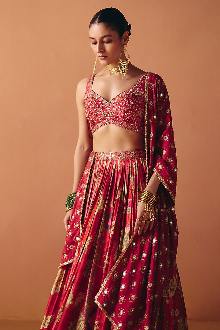 Pink Dupion Silk Hand Embroidered Pleated Wedding Lehenga Set by Drishti & Zahabia at Pernia's Pop Up Shop