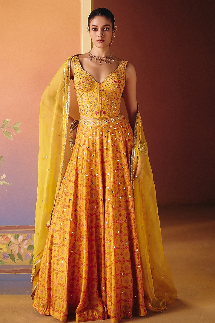 Yellow Dupion Silk Hand Embroidered Wedding Lehenga Set by Drishti & Zahabia at Pernia's Pop Up Shop