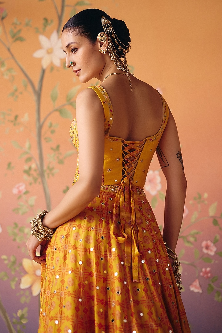 Yellow Dupion Silk Hand Embroidered Wedding Lehenga Set by Drishti & Zahabia at Pernia's Pop Up Shop
