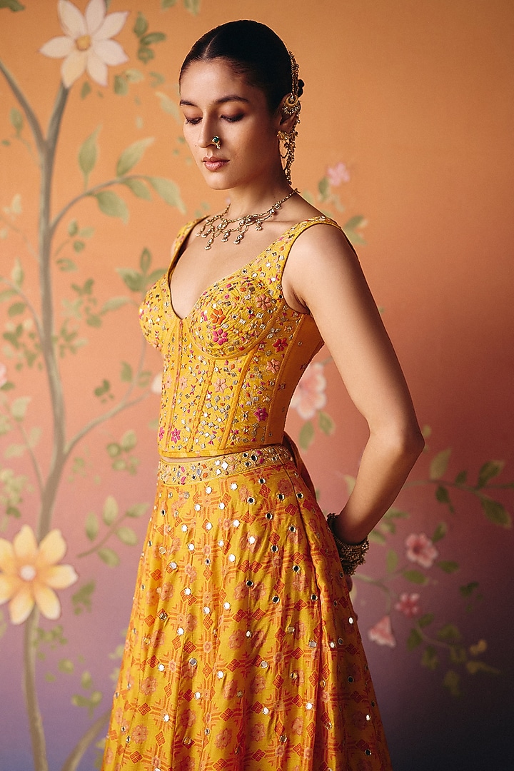 Yellow Dupion Silk Hand Embroidered Wedding Lehenga Set by Drishti & Zahabia at Pernia's Pop Up Shop