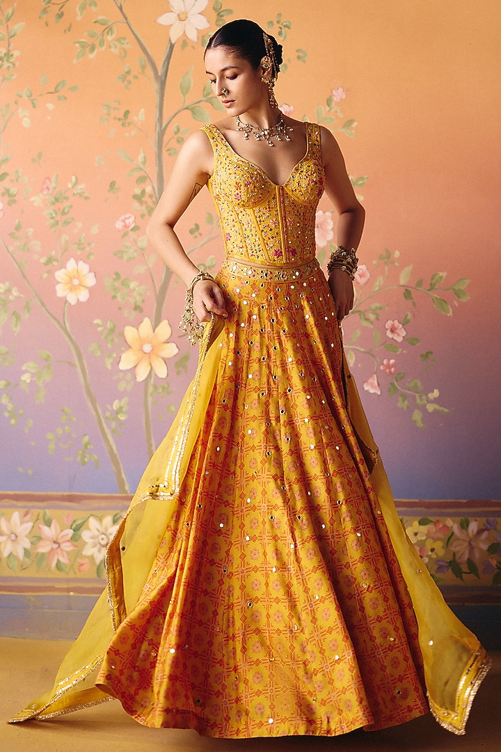 Yellow Dupion Silk Hand Embroidered Wedding Lehenga Set by Drishti & Zahabia at Pernia's Pop Up Shop