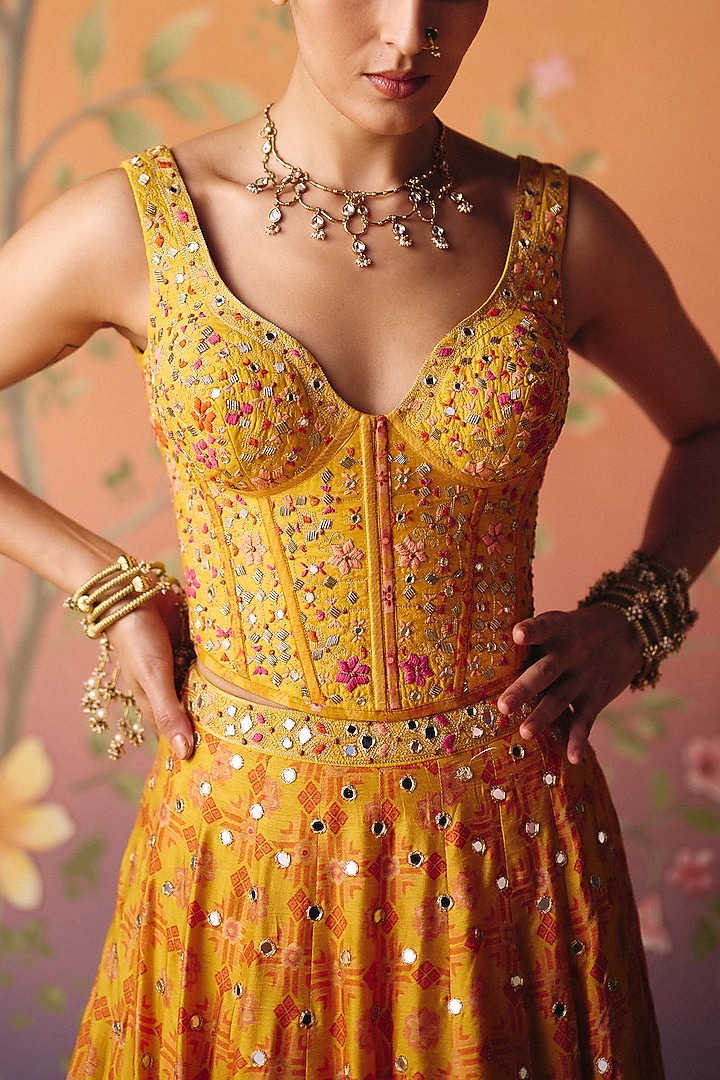 Yellow Dupion Silk Hand Embroidered Wedding Lehenga Set by Drishti & Zahabia at Pernia's Pop Up Shop
