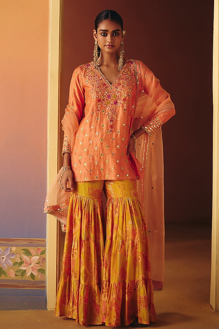 Yellow Dupion Silk Hand Embroidered Wedding Sharara Set by Drishti & Zahabia at Pernia's Pop Up Shop