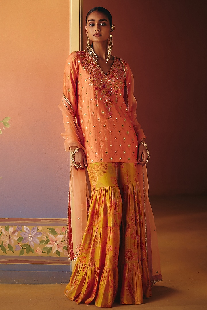 Yellow Dupion Silk Hand Embroidered Wedding Sharara Set by Drishti & Zahabia at Pernia's Pop Up Shop