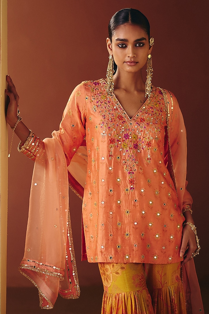 Yellow Dupion Silk Hand Embroidered Wedding Sharara Set by Drishti & Zahabia at Pernia's Pop Up Shop