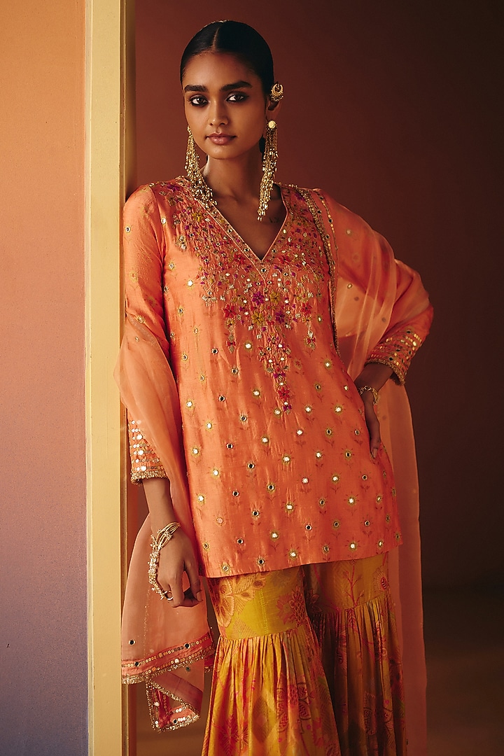 Yellow Dupion Silk Hand Embroidered Wedding Sharara Set by Drishti & Zahabia at Pernia's Pop Up Shop