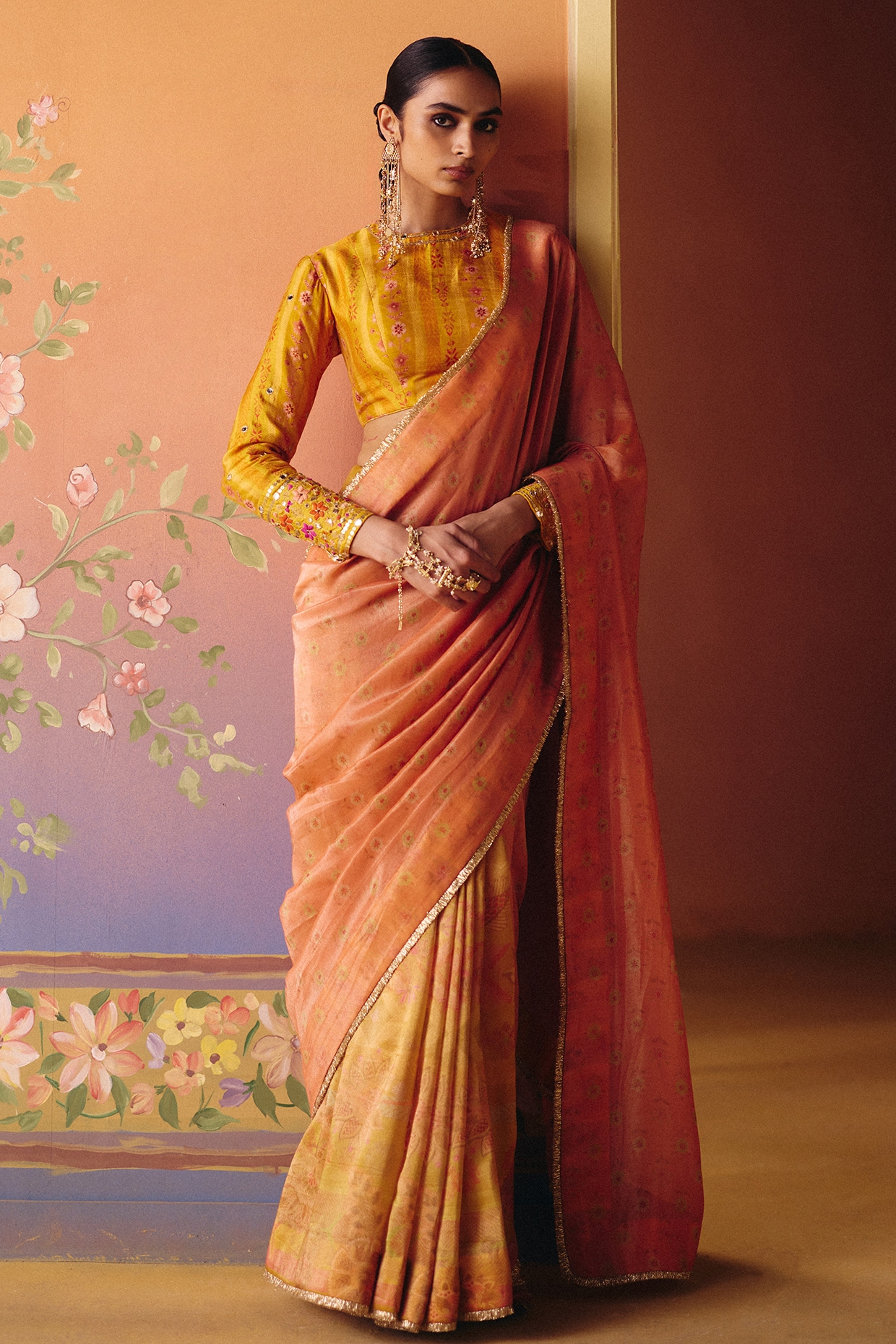 Drishti & Zahabia Yellow Shimmer Tissue Printed Saree Set