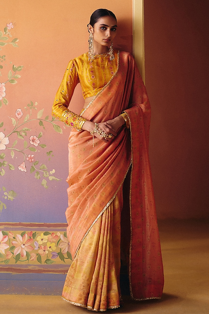 Yellow Shimmer Tissue Printed Wedding Saree Set by Drishti & Zahabia at Pernia's Pop Up Shop