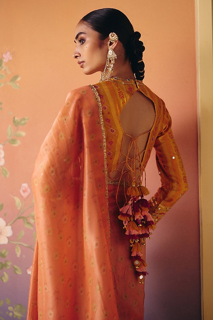 Yellow Shimmer Tissue Printed Wedding Saree Set by Drishti & Zahabia at Pernia's Pop Up Shop