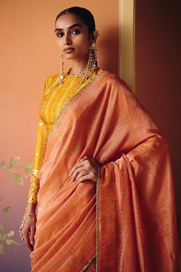 Yellow Shimmer Tissue Printed Wedding Saree Set by Drishti & Zahabia at Pernia's Pop Up Shop