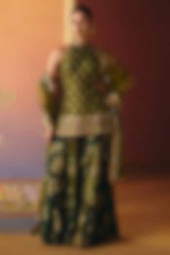 Green Dupion Silk Printed Wedding Sharara Set by Drishti & Zahabia at Pernia's Pop Up Shop