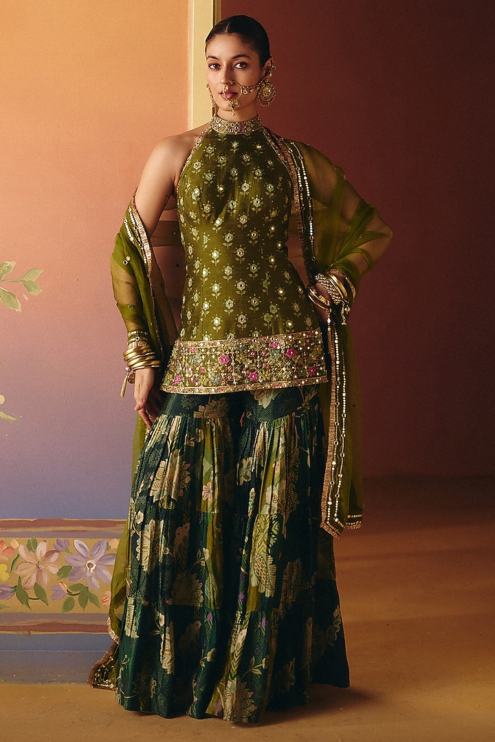 Green Dupion Silk Printed Wedding Sharara Set by Drishti & Zahabia at Pernia's Pop Up Shop