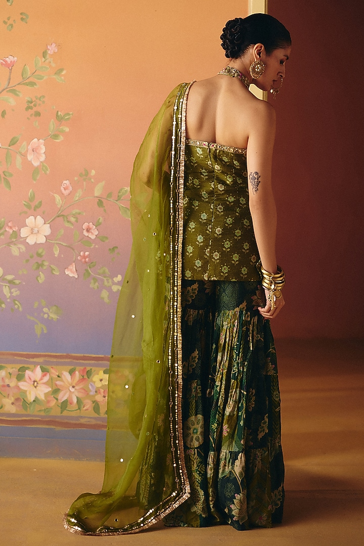 Green Dupion Silk Printed Wedding Sharara Set by Drishti & Zahabia at Pernia's Pop Up Shop