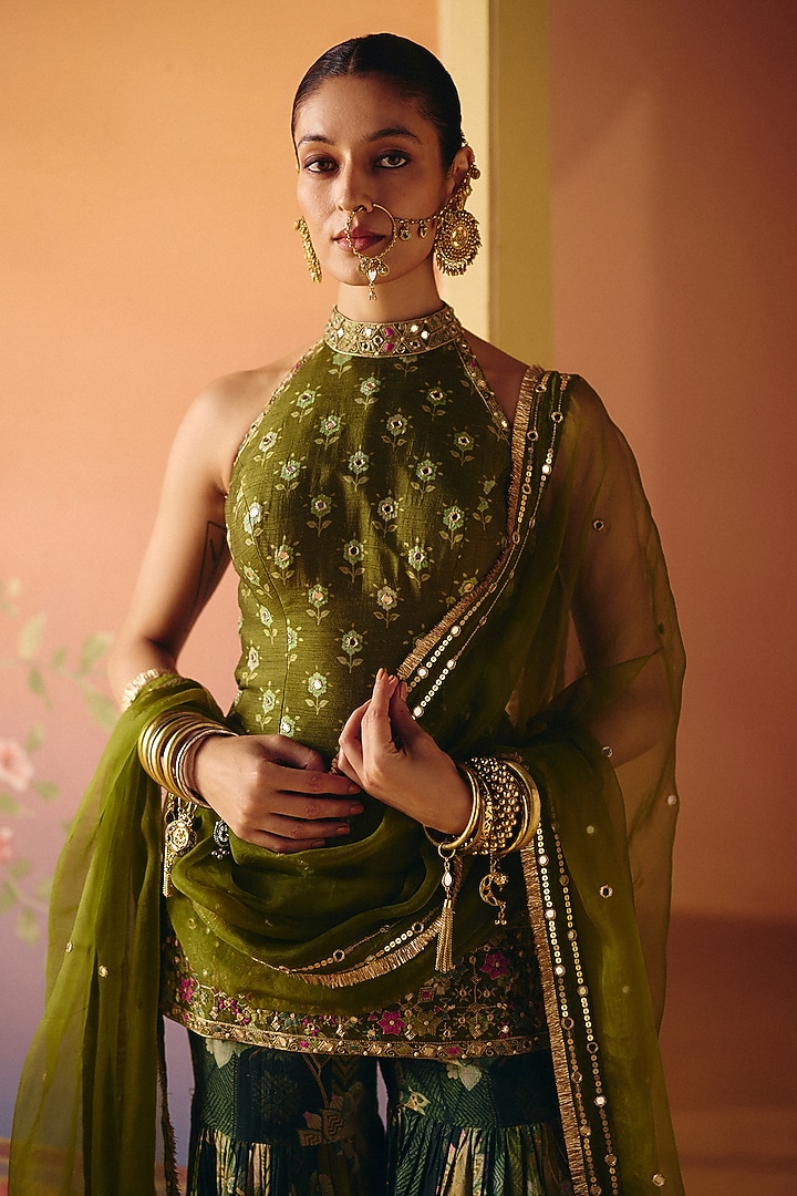 Green Dupion Silk Printed Wedding Sharara Set by Drishti & Zahabia at Pernia's Pop Up Shop