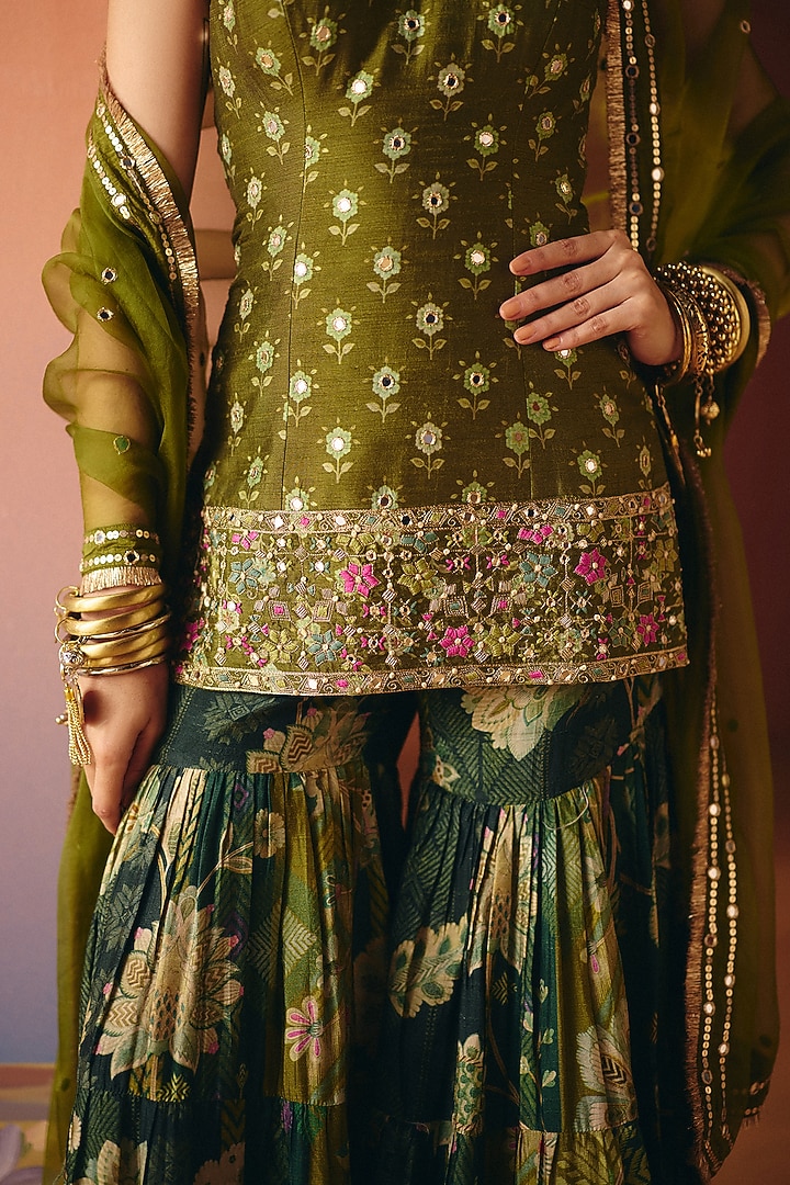 Green Dupion Silk Printed Wedding Sharara Set by Drishti & Zahabia at Pernia's Pop Up Shop