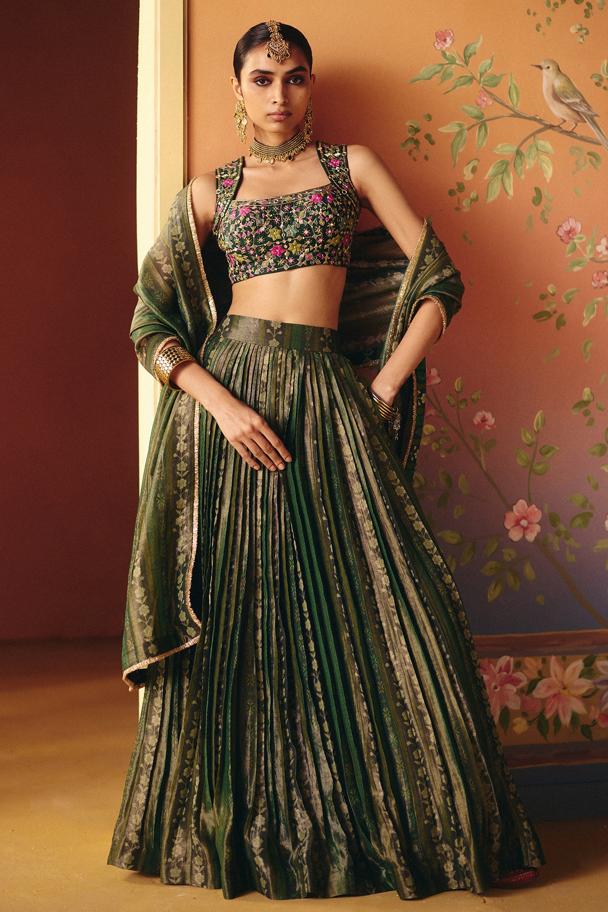 Drishti & Zahabia Green Dupion Silk Hand Embroidered Lehenga Set
