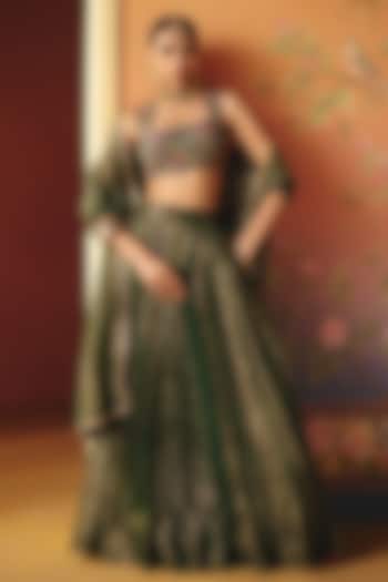 Green Dupion Silk Hand Embroidered Wedding Lehenga Set by Drishti & Zahabia at Pernia's Pop Up Shop