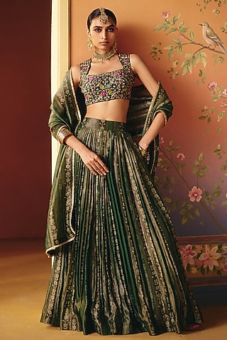 Green Dupion Silk Hand Embroidered Lehenga Set by Drishti & Zahabia