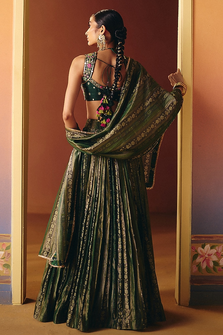 Green Dupion Silk Hand Embroidered Wedding Lehenga Set by Drishti & Zahabia at Pernia's Pop Up Shop