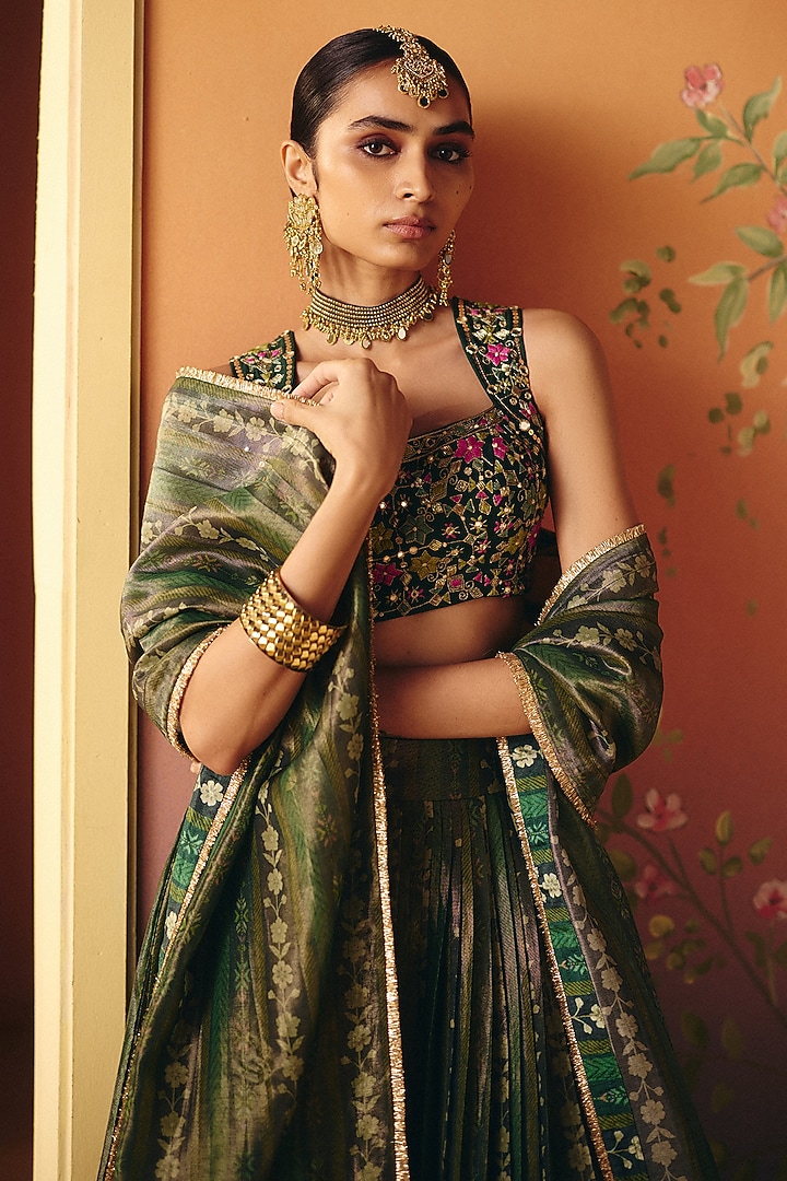 Green Dupion Silk Hand Embroidered Wedding Lehenga Set by Drishti & Zahabia at Pernia's Pop Up Shop