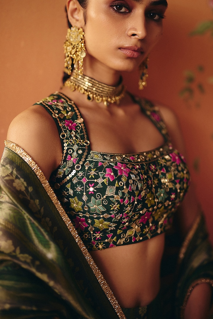 Green Dupion Silk Hand Embroidered Wedding Lehenga Set by Drishti & Zahabia at Pernia's Pop Up Shop