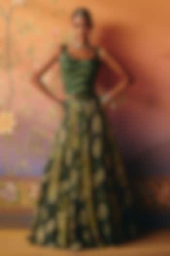 Green Dupion Silk Printed Layered Skirt Set by Drishti & Zahabia at Pernia's Pop Up Shop